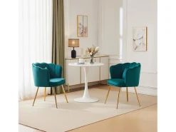 Silla de comedor tapizada de terciopelo con cojín y patas de metal - Respaldo de pétalos - Madera - Verde (2 piezas)
