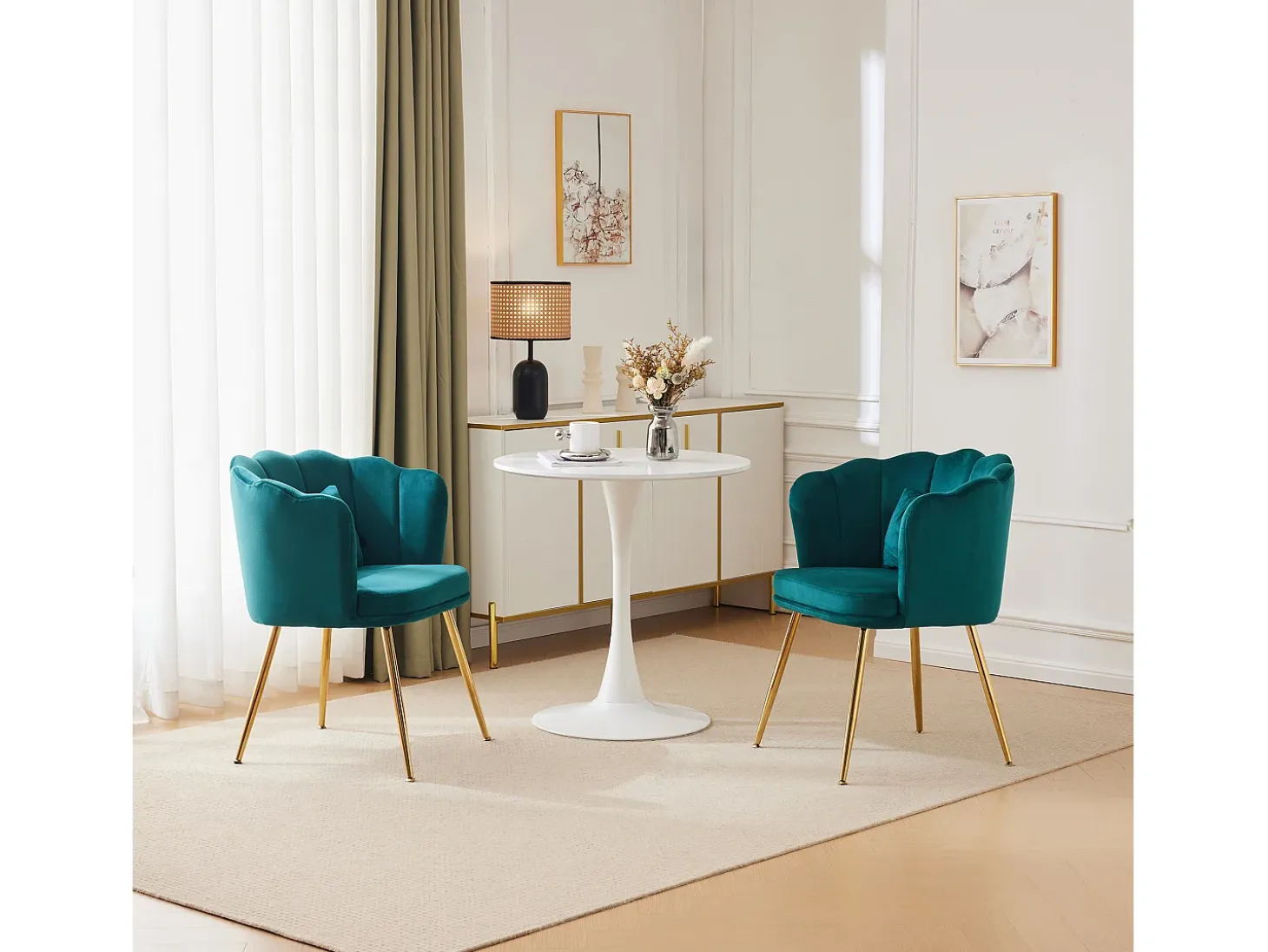 Silla de comedor tapizada de terciopelo con cojín y patas de metal - Respaldo de pétalos - Madera - Verde (2 piezas)