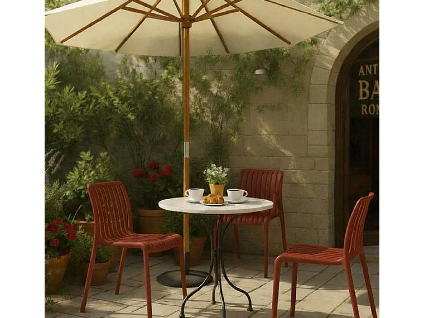 Silla de exterior Iside de plástico resistente, confort premium, color rojo ladrillo