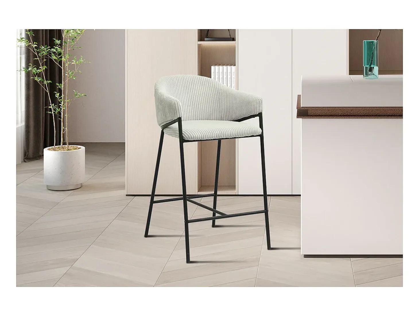 Silla de mostrador IMANY – Terciopelo acanalado gris claro – Con reposabrazos – Patas de metal negro – Estilo diseño/industrial