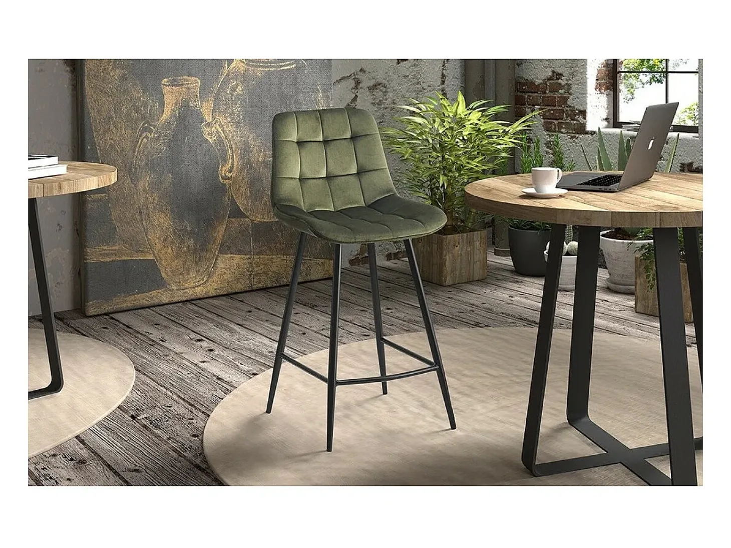 Silla de mostrador JUTE – Terciopelo verde – Patas de metal – Altura 95 cm – Estilo elegante