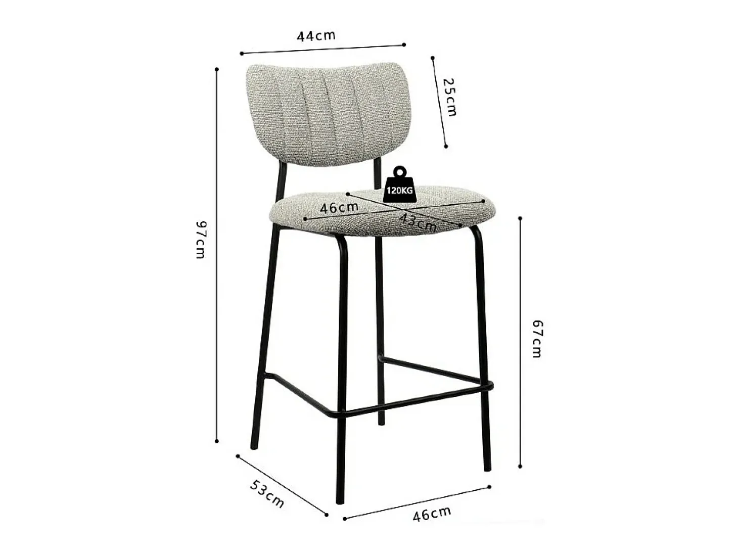Silla de mostrador VENTURA – Tela gris claro – Patas de metal negro – Altura 97 cm – Estilo diseño/industrial