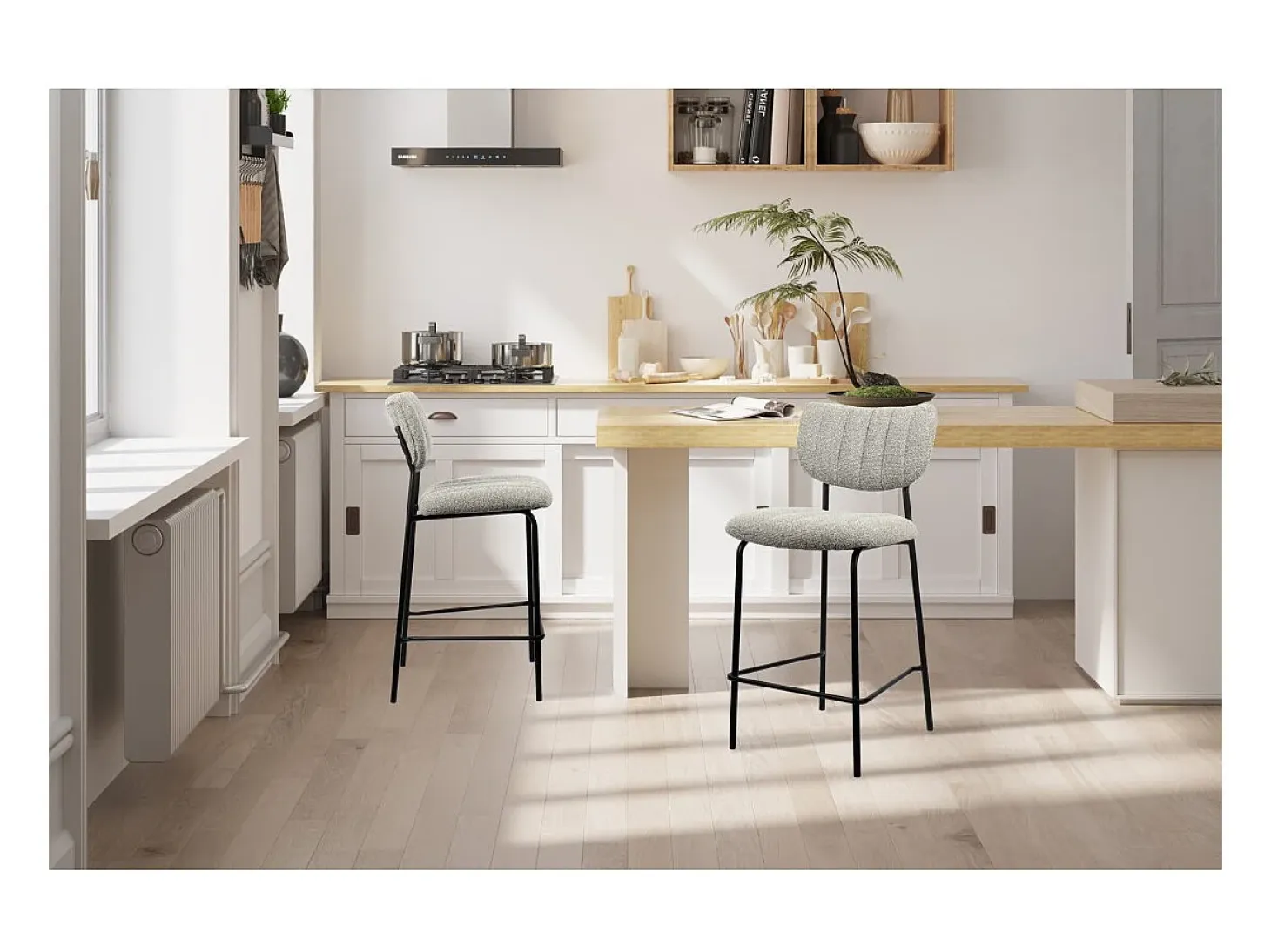 Silla de mostrador VENTURA – Tela gris claro – Patas de metal negro – Altura 97 cm – Estilo diseño/industrial