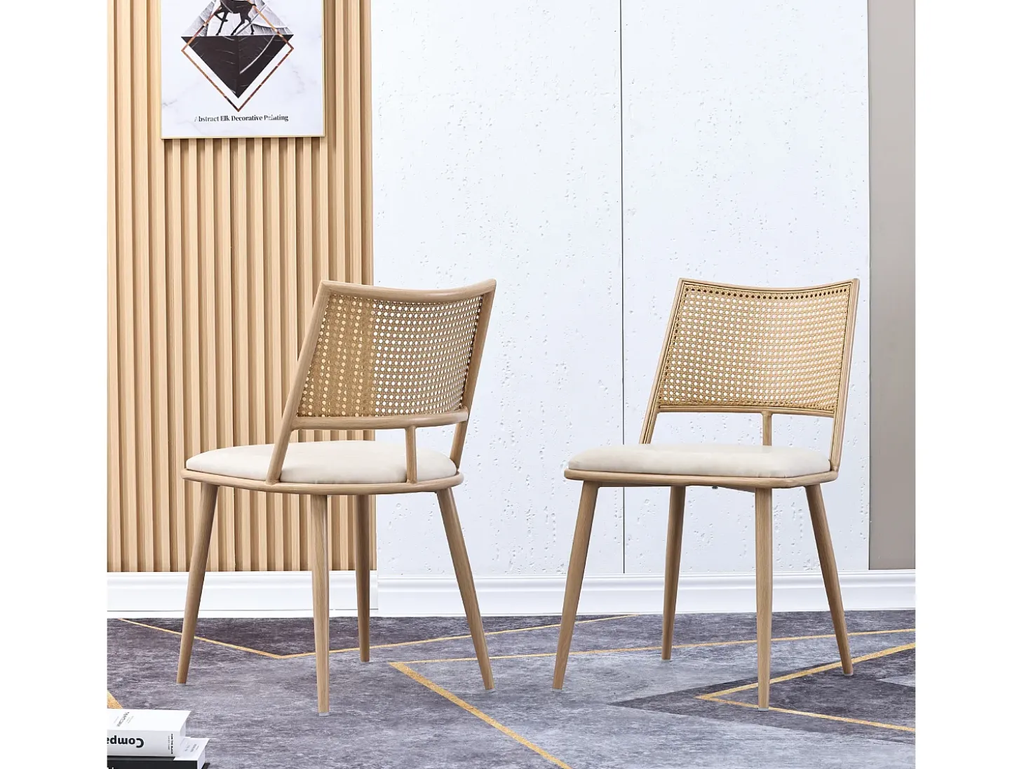 Silla de ratán con respaldo de PU, diseño moderno, beige (60x59x49 cm)