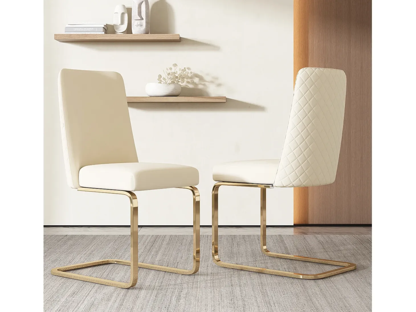 Silla de terciopelo, 2 piezas, diseño de diamante, metal dorado, beige (47x63x85 cm)