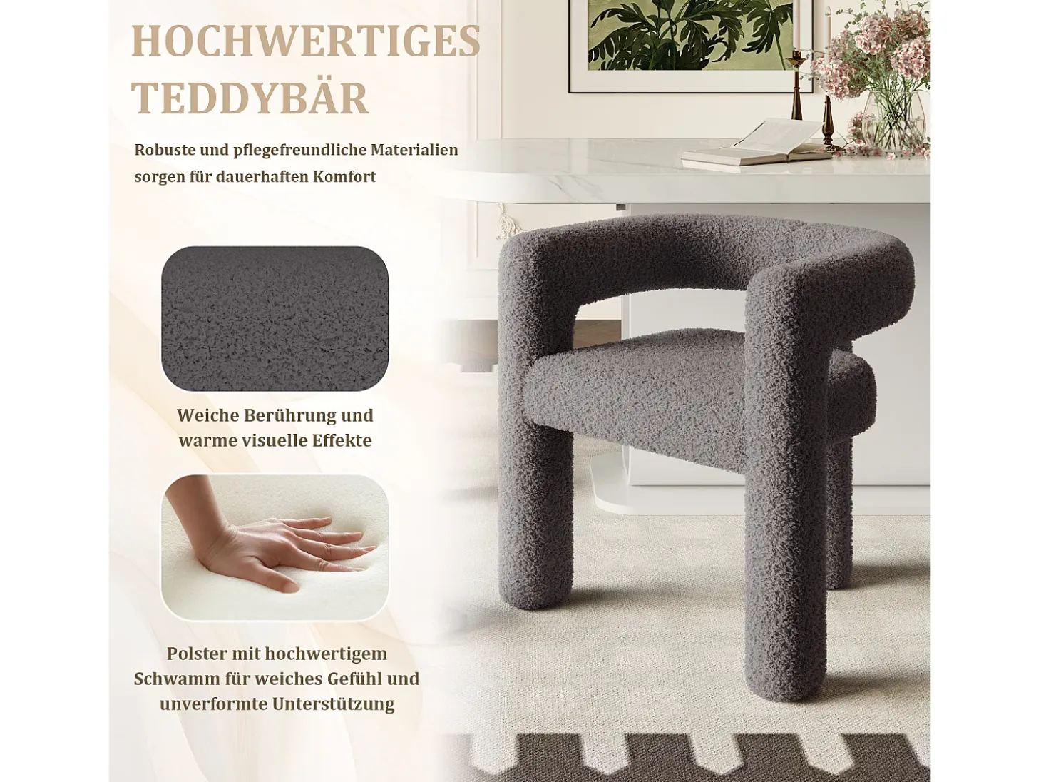 Silla de terciopelo Teddy gris antracita - estilo patchwork - ideal para cafeterías, salón o comidas en familia