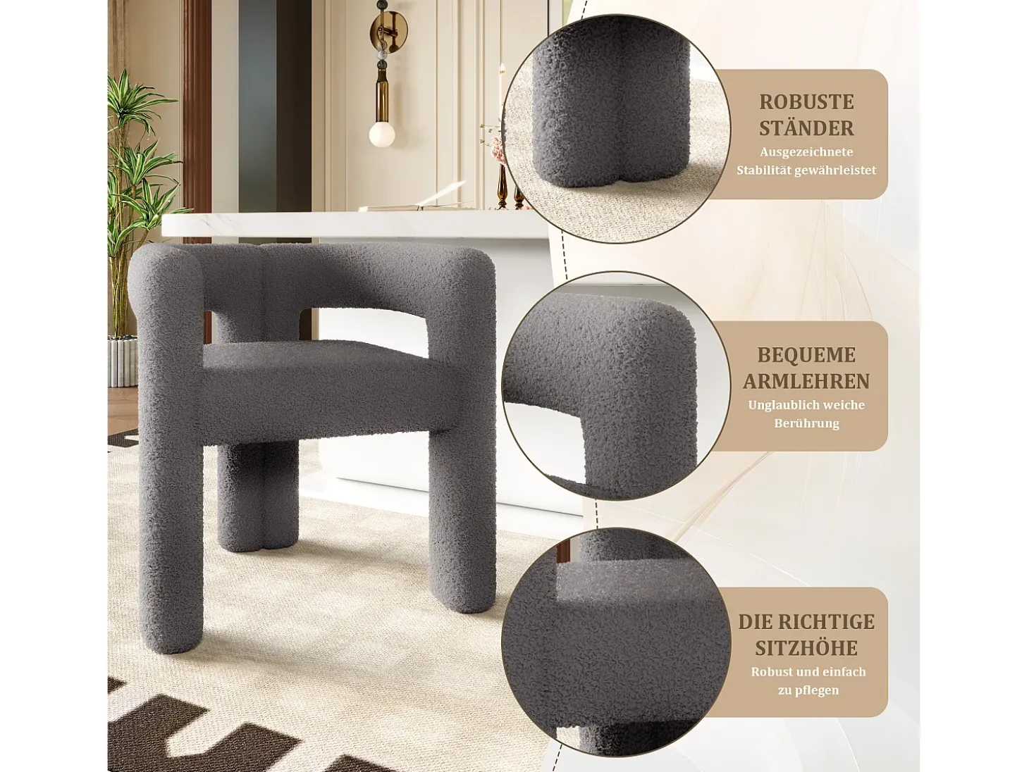 Silla de terciopelo Teddy gris antracita - estilo patchwork - ideal para cafeterías, salón o comidas en familia