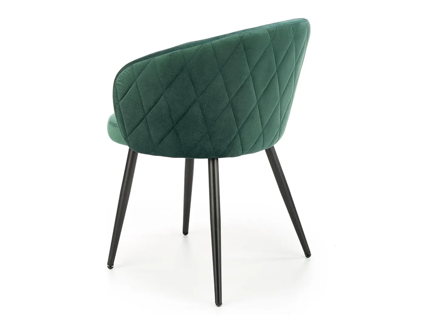 Silla de terciopelo verde con respaldo redondeado y patas de metal negro ERIKA