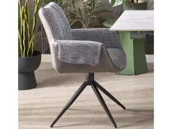 Silla giratoria de diseño gris, tela y ecopiel, base de metal negro LUDMILA