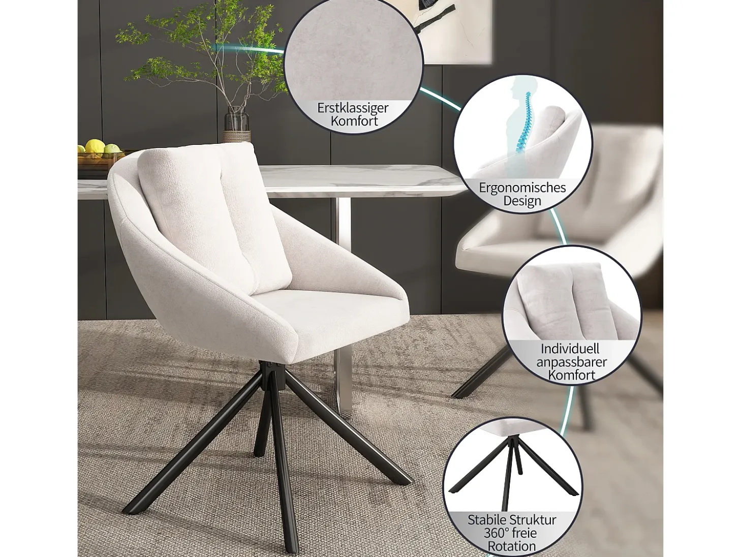 Silla giratoria de terciopelo beige, diseño moderno y cómodo, estructura de metal (72,39 x 62,23 x 49,53 cm)