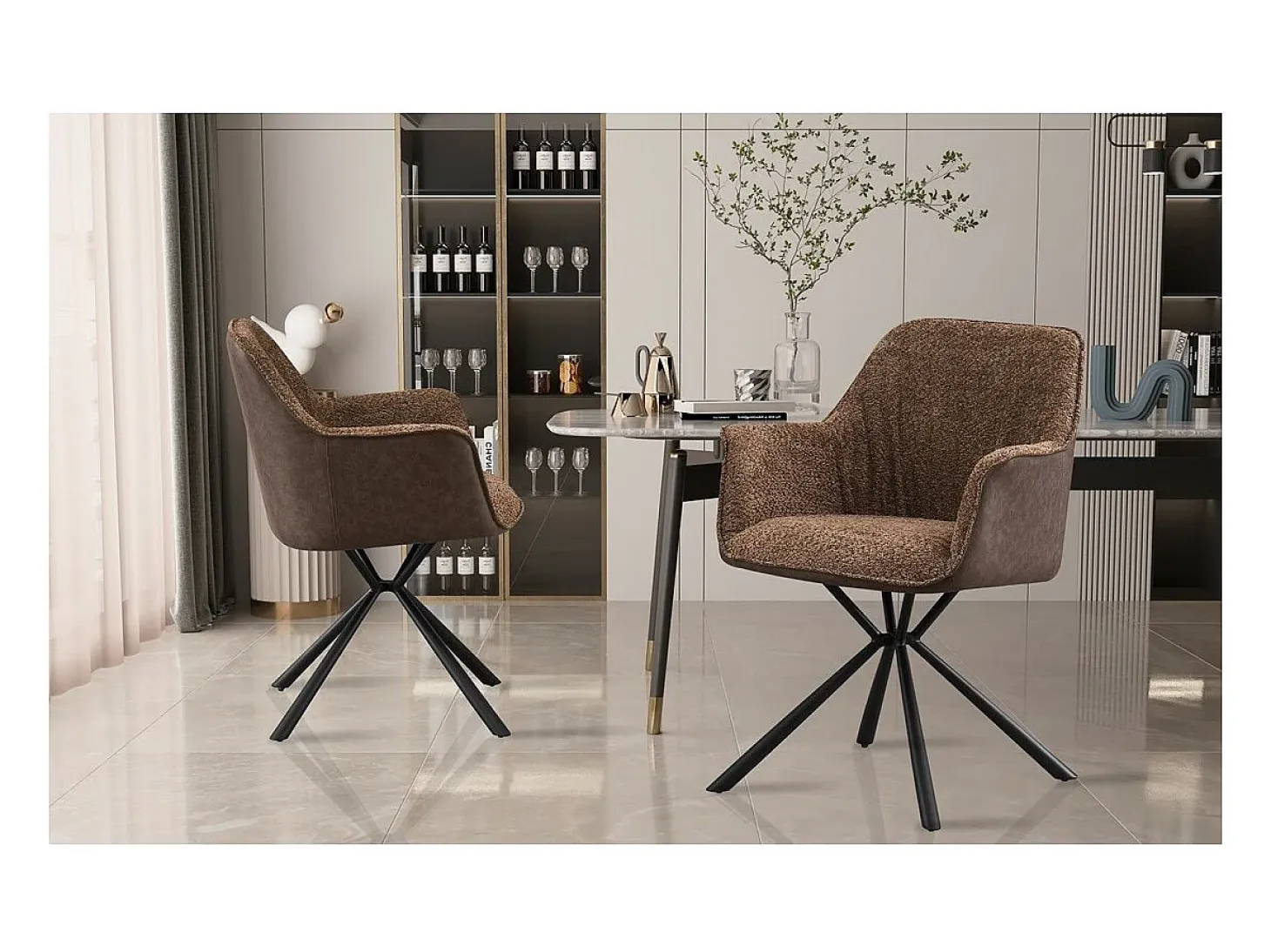 Silla LUCIA – Bouclé Arena & Respaldo PU Marrón – H82.5 × L62 × P63 cm – Estilo diseño