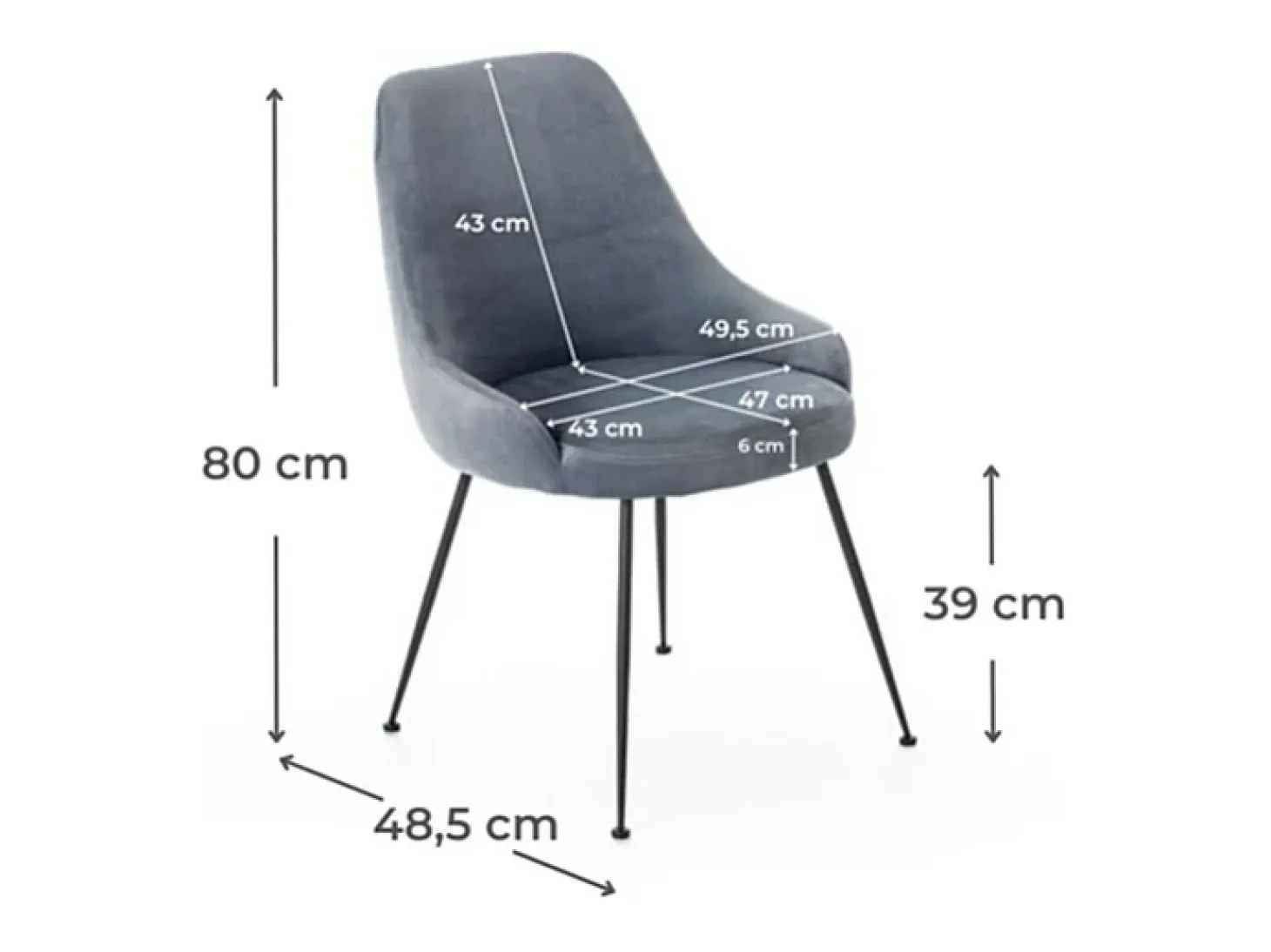 Silla moderna acolchada "Alyssa" efecto terciopelo gris agua 49,5x48,5 cm 80h