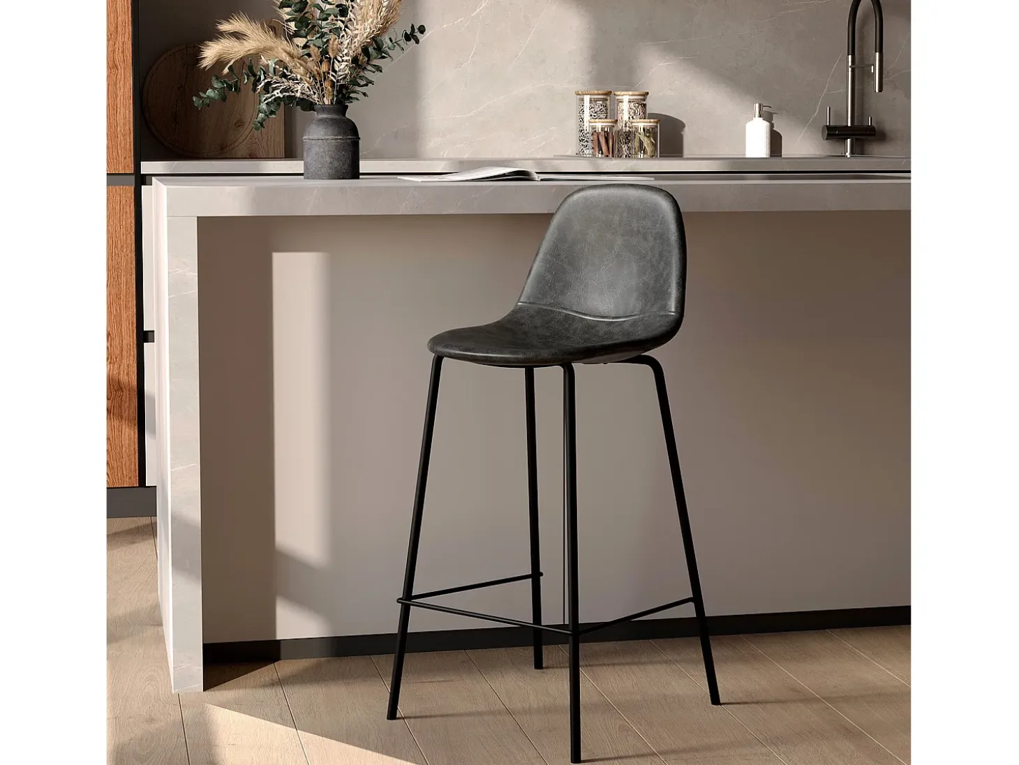 Silla para isla central 65 cm de cuero sintético gris/negro - Henrik