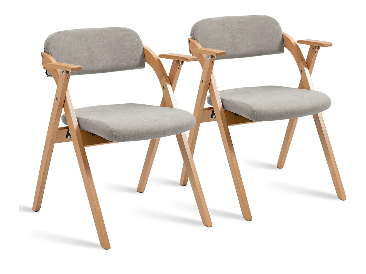 Silla plegable con reposabrazos, asiento acolchado, madera maciza, apilable, gris (52,5x60x79 cm)