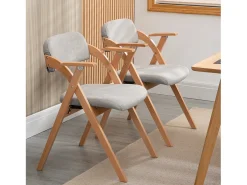 Silla plegable con reposabrazos, asiento acolchado, madera maciza, apilable, gris (52,5x60x79 cm)