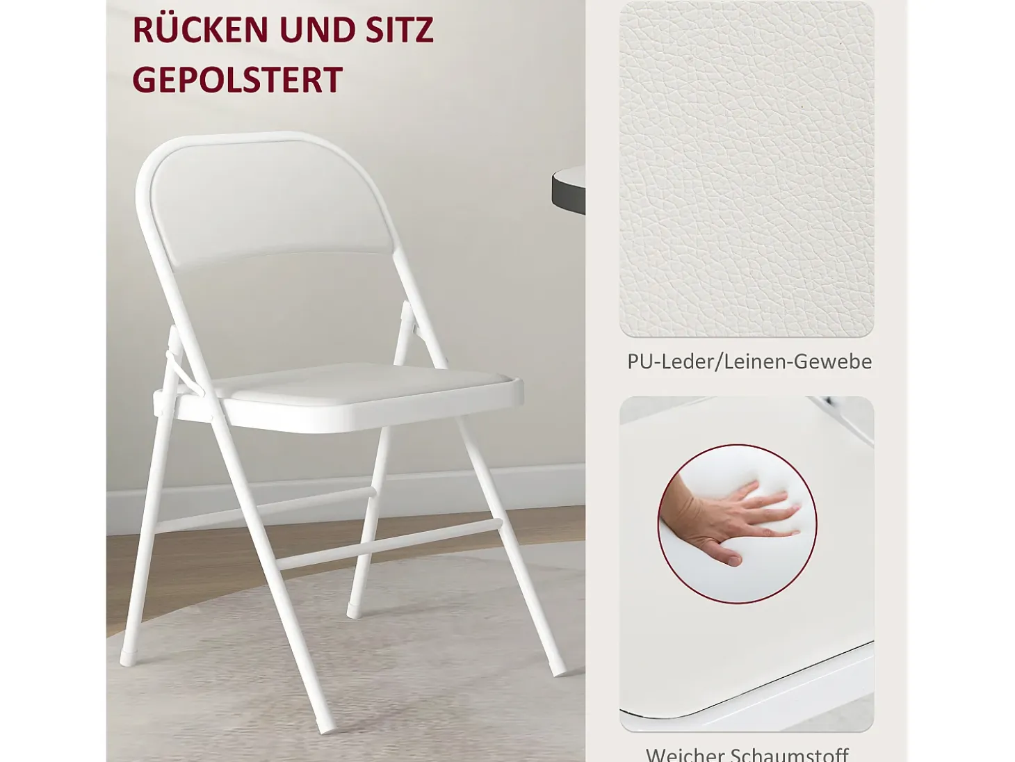 Silla plegable con respaldo acolchado, estructura de metal, piel sintética, color blanco (45x46x78 cm)