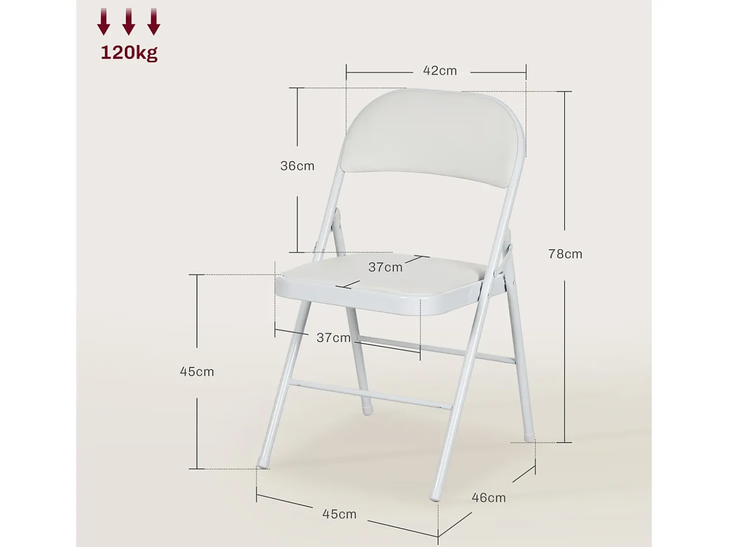 Silla plegable con respaldo acolchado, estructura de metal, piel sintética, color blanco (45x46x78 cm)