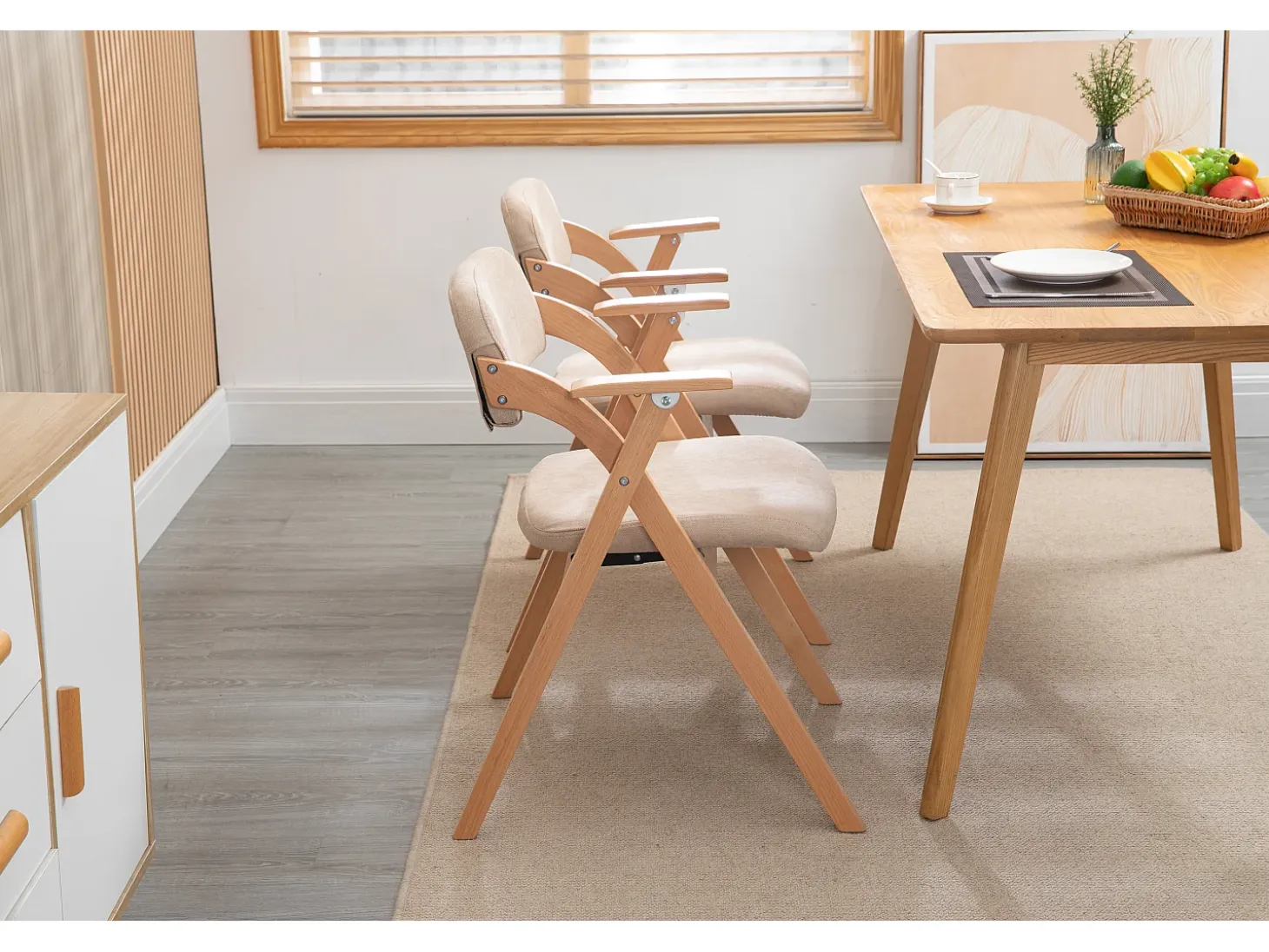 Silla plegable de diseño con reposabrazos, asiento acolchado, madera de haya, color caqui (52,5x60x79 cm)