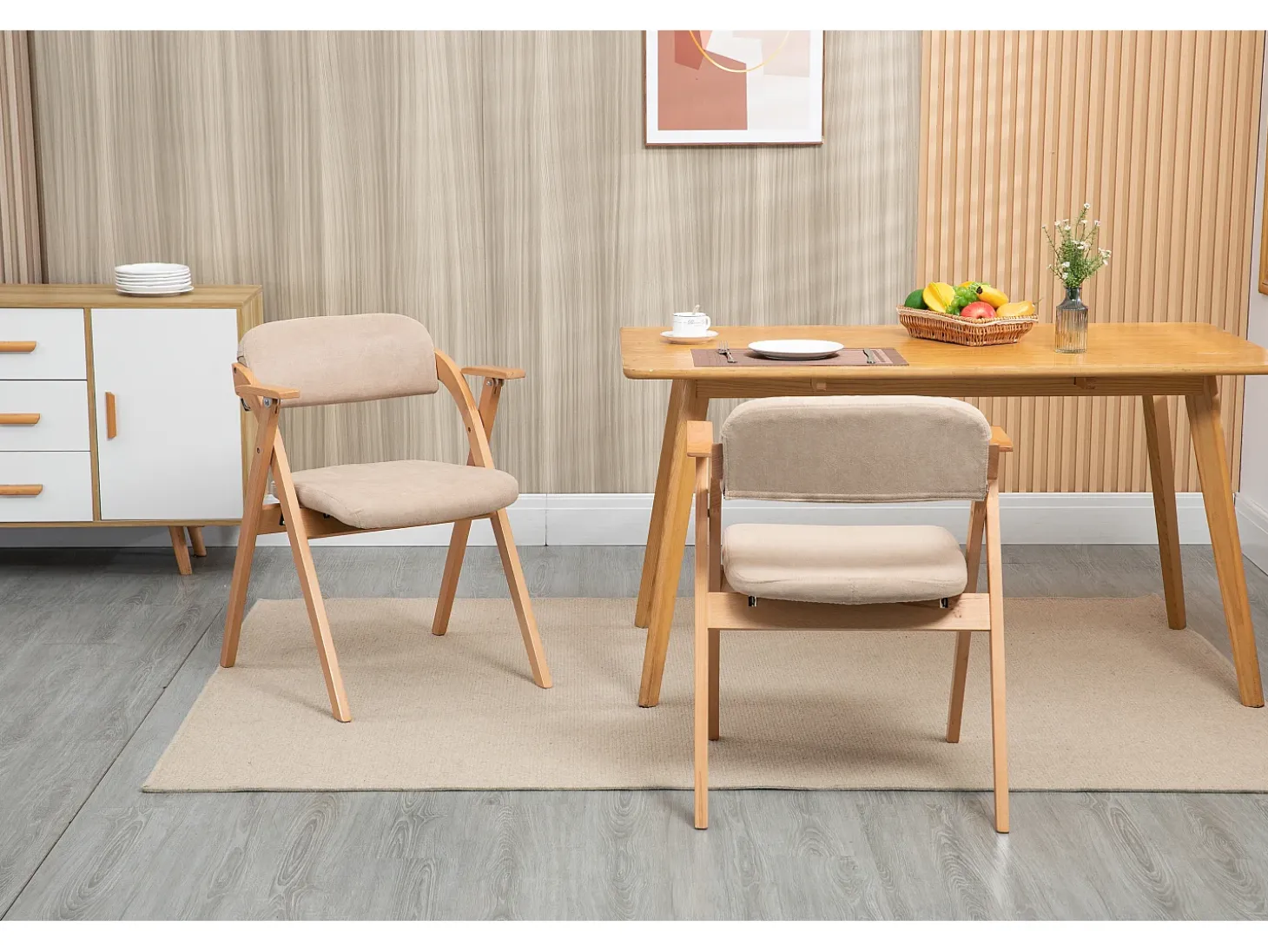 Silla plegable de diseño con reposabrazos, asiento acolchado, madera de haya, color caqui (52,5x60x79 cm)