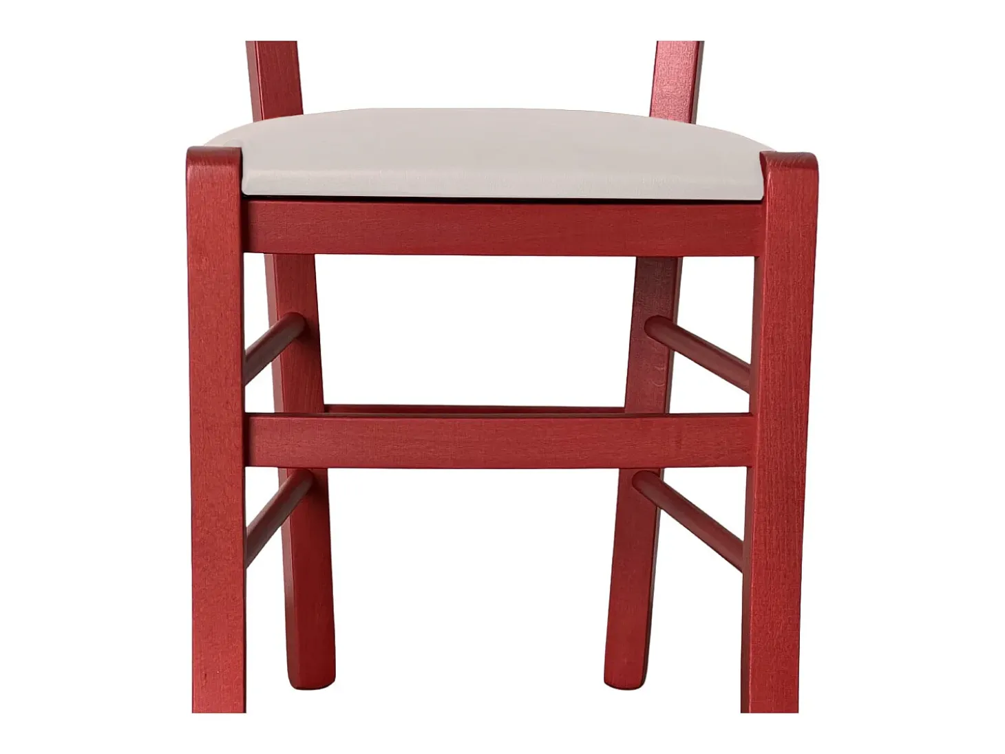 Silla veneciana de madera roja con asiento de piel sintética gris claro