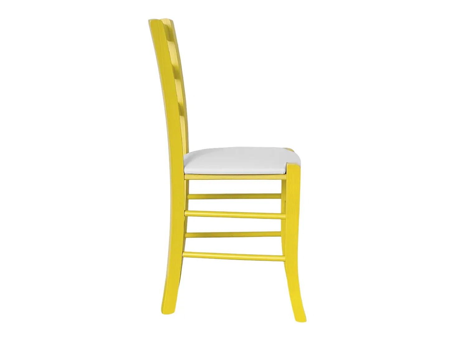 Silla veneciana de madera amarilla con asiento de piel sintética gris claro