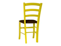 Silla veneciana de madera amarilla con asiento de piel sintética marrón
