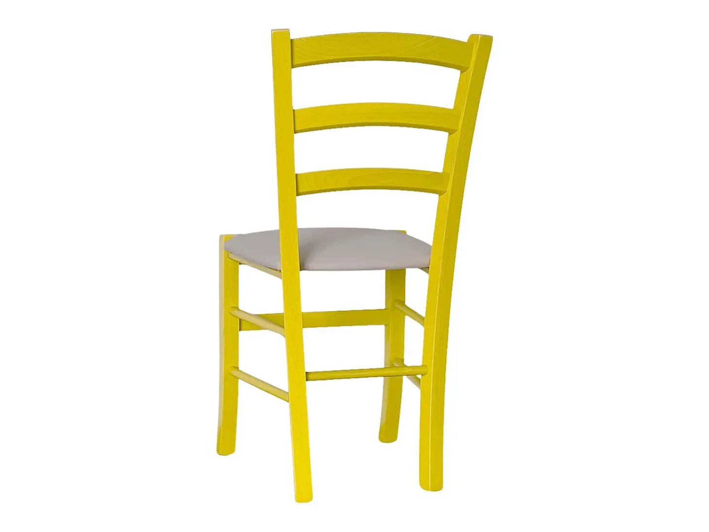 Silla veneciana de madera amarilla con asiento de piel sintética color gris tórtola