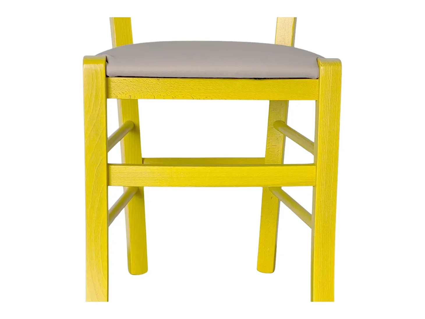 Silla veneciana de madera amarilla con asiento de piel sintética color gris tórtola
