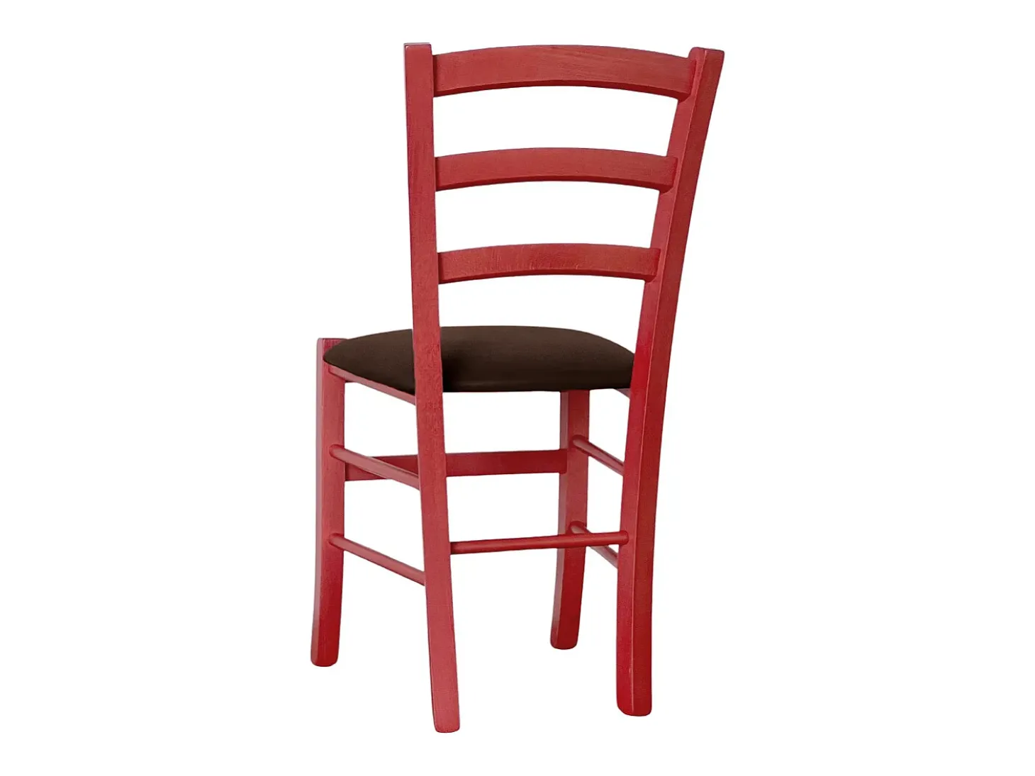 Silla veneciana roja de madera con asiento de piel sintética marrón