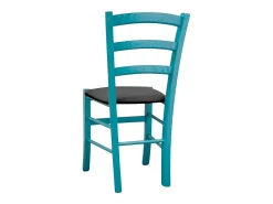 Silla Venezia de madera turquesa con asiento de piel sintética gris claro