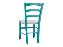 Silla Venezia de madera turquesa con asiento de piel sintética gris claro