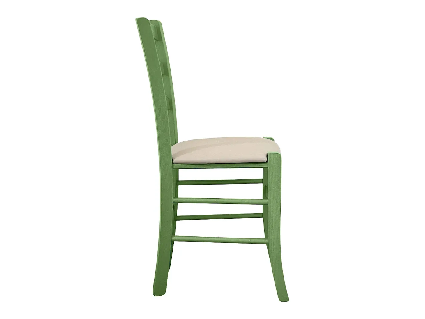 Silla Venezia de madera verde con asiento de piel sintética beige