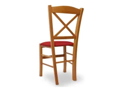 Silla Venezia en madera de cerezo con respaldo en cruz y asiento en símil piel roja.
