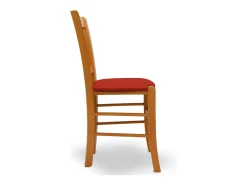 Silla Venezia en madera de cerezo con respaldo en cruz y asiento en símil piel roja.