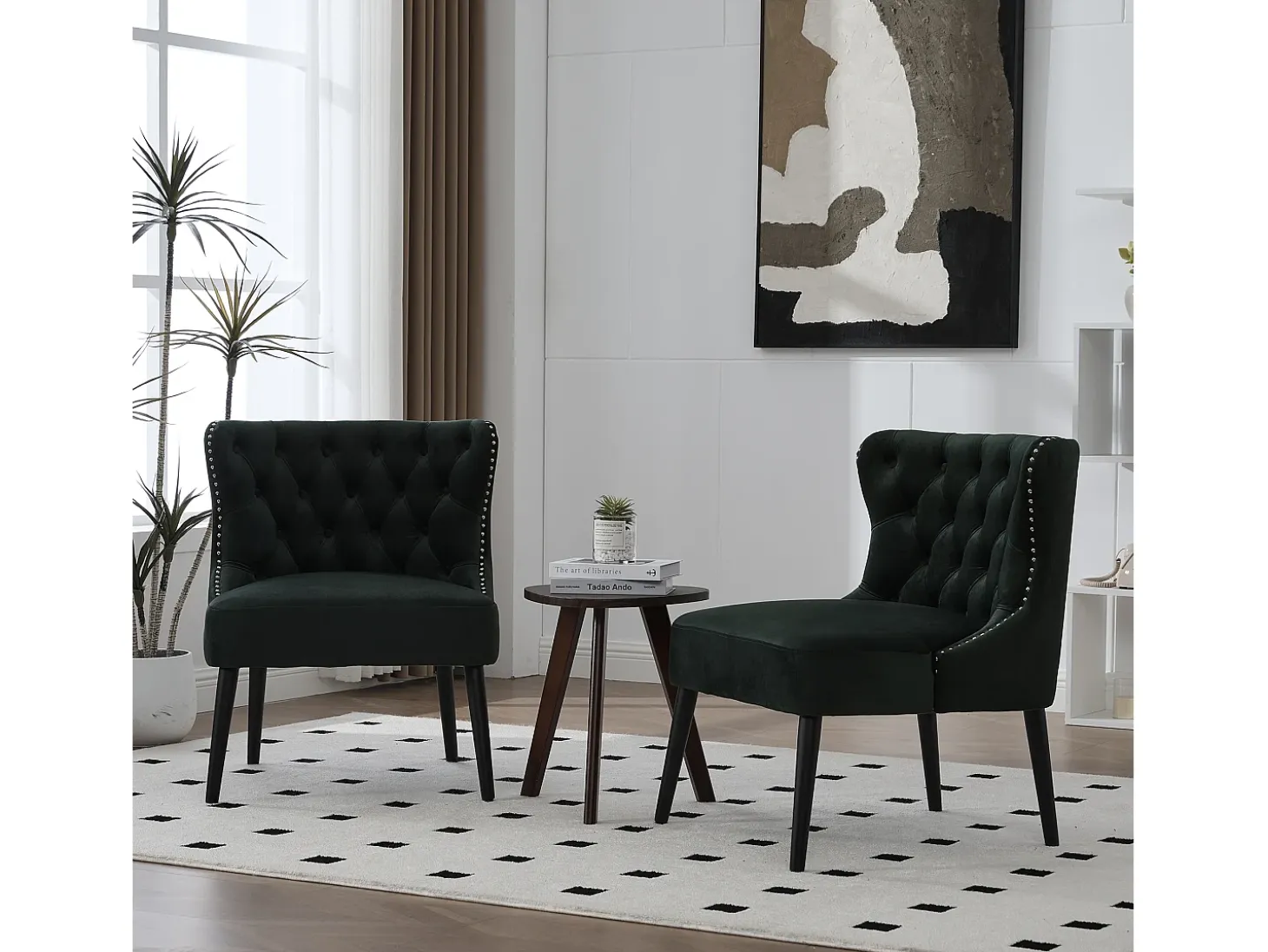 Silla verde - Silla con acabado remachado y patas de madera maciza - terciopelo