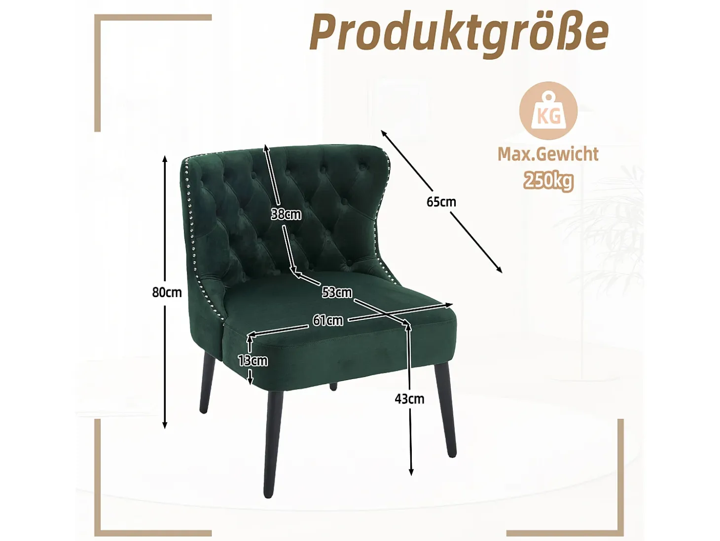 Silla verde - Silla con acabado remachado y patas de madera maciza - terciopelo