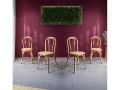 Silla vintage de madera y ratán, set de 4 natural