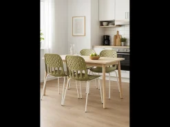 Sillas de cocina de diseño, lote de 4, apilables, patas metálicas KIO (Kaki-Blanco)