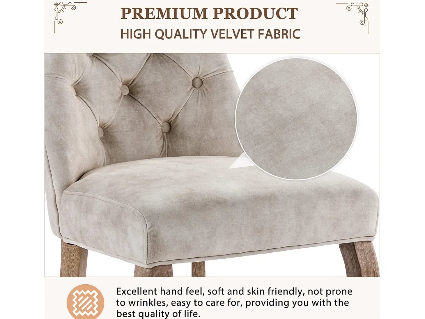 Sillas de comedor (4 piezas), Silla de terciopelo beige, Respaldo alto con capitoné, Patas de madera maciza, (45x40x86 cm)