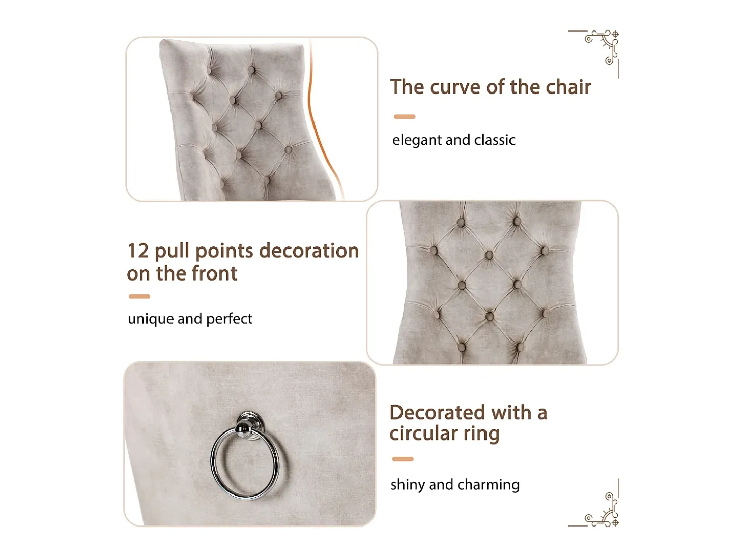 Sillas de comedor (4 piezas), Silla de terciopelo beige, Respaldo alto con capitoné, Patas de madera maciza, (45x40x86 cm)