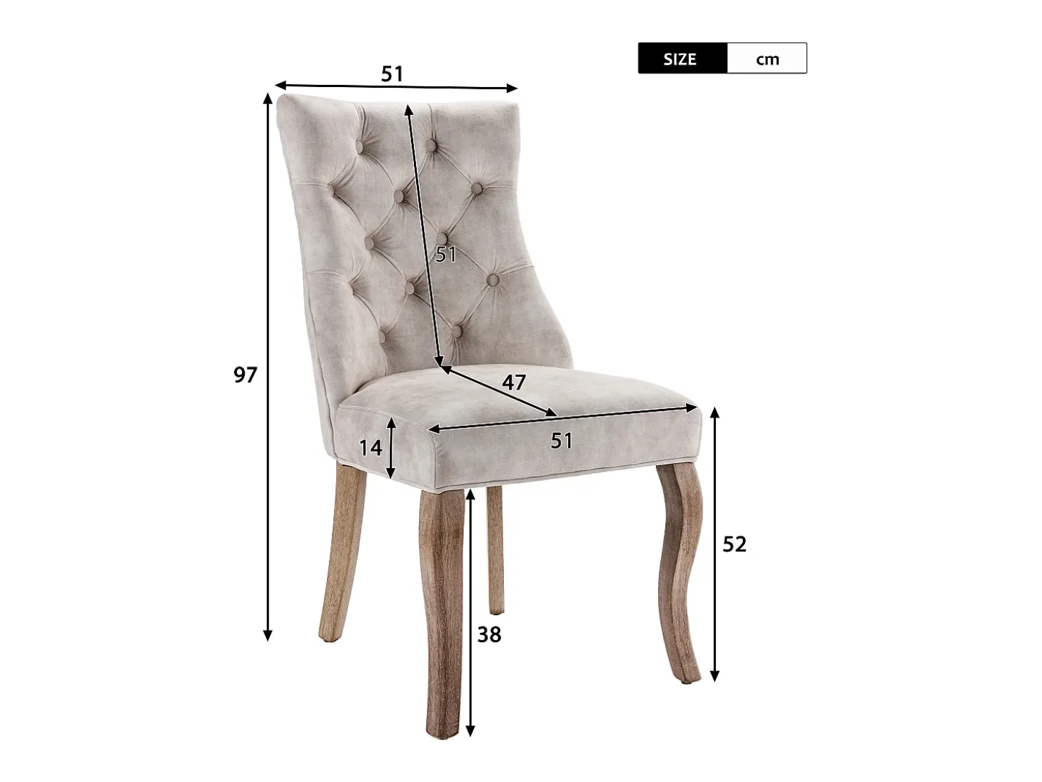 Sillas de comedor (4 piezas), Silla de terciopelo beige, Respaldo alto con capitoné, Patas de madera maciza, (45x40x86 cm)