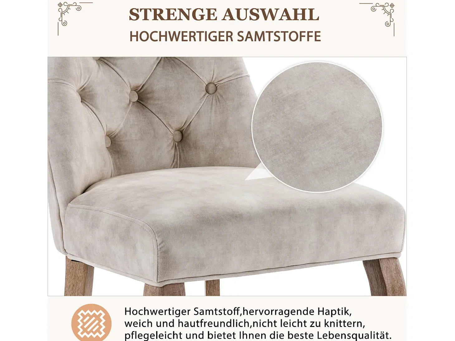Sillas de comedor (4 piezas), Silla de terciopelo beige, Respaldo alto con capitoné, Patas de madera maciza, (45x40x86 cm)