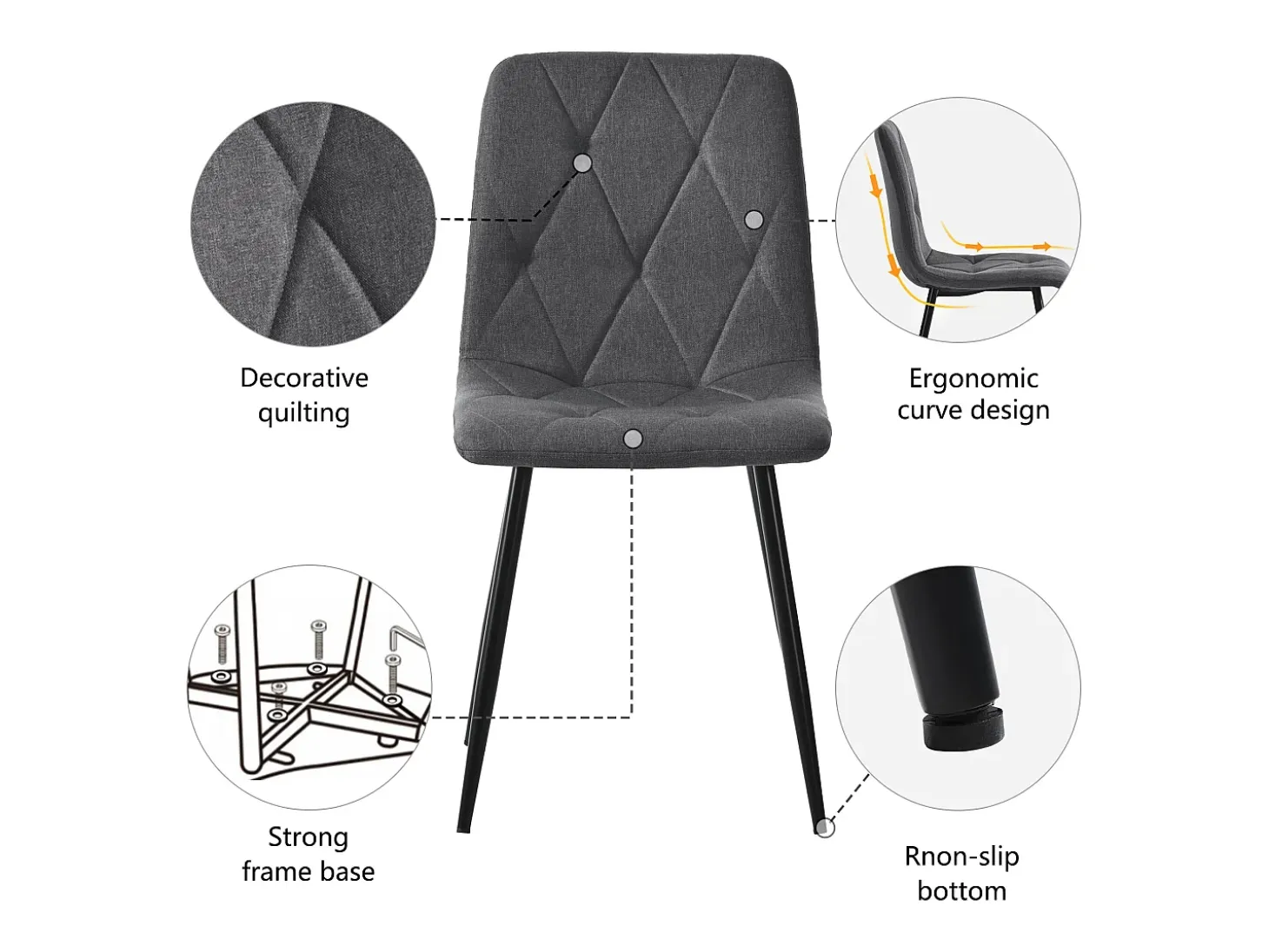 Sillas de comedor (4 piezas), lino gris oscuro, patas de metal negro, respaldo de arpillera (45x40x86 cm)