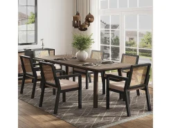 Sillas de comedor (6 unidades), tapizadas en terciopelo, diseño ergonómico, respaldo de ratán trenzado, patas de madera de caucho, color negro