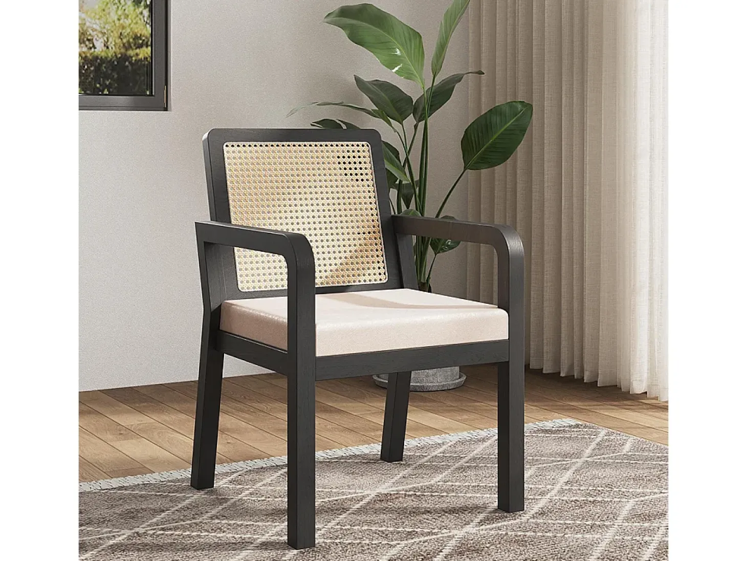 Sillas de comedor (2 unidades), tapizadas en terciopelo, diseño ergonómico, respaldo de ratán trenzado, patas de madera de caucho, color negro