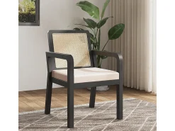 Sillas de comedor (4 unidades), tapizadas en terciopelo, diseño ergonómico, respaldo de ratán trenzado, patas de madera de caucho, color negro
