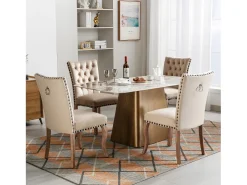 Sillas de comedor con campana decorativa, juego de 4, patas de madera maciza, terciopelo camel claro, clavos decorativos (49 x 63 x 95 cm)