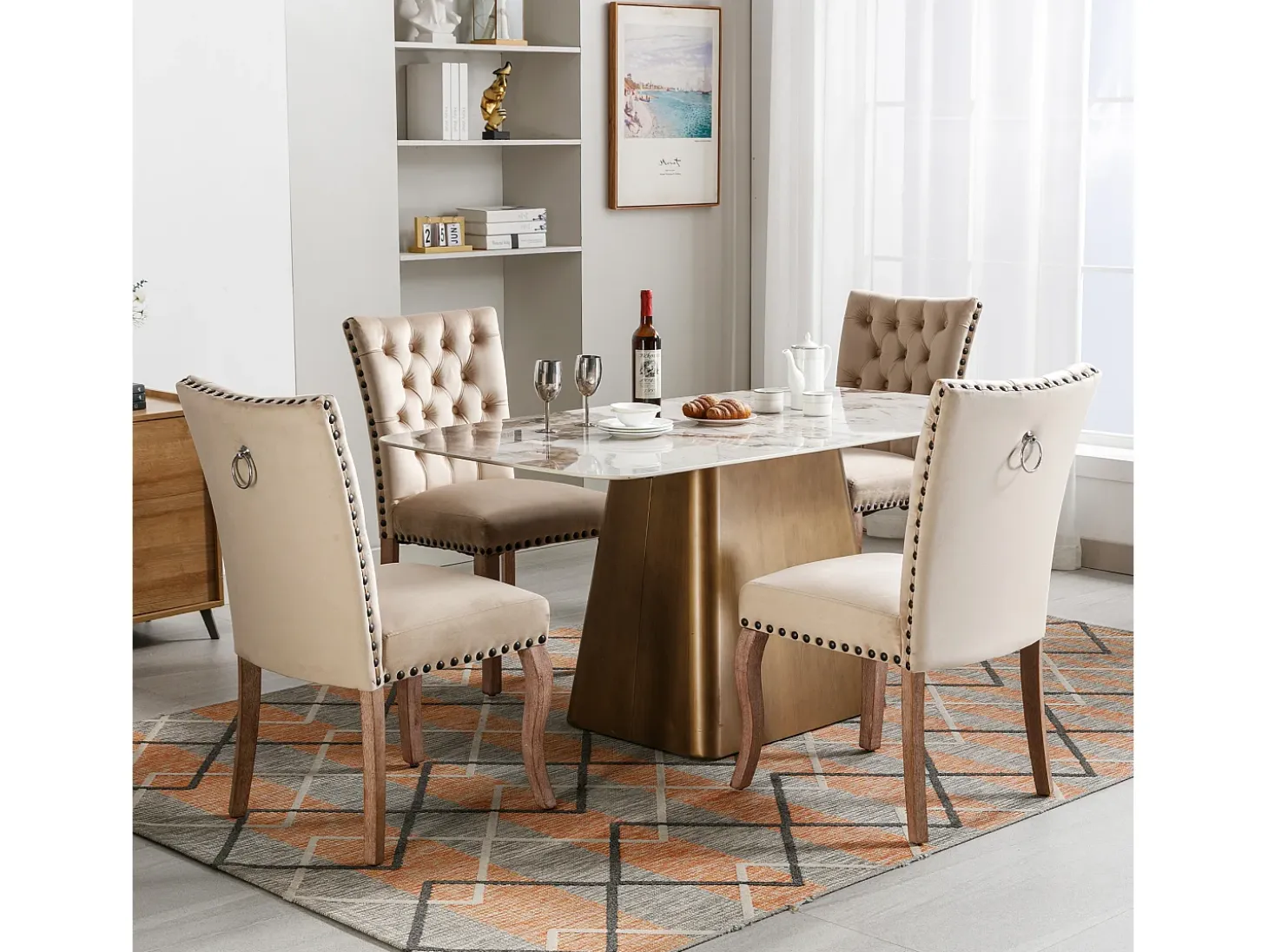 Sillas de comedor con campana decorativa, juego de 4, patas de madera maciza, terciopelo camel claro, clavos decorativos (49 x 63 x 95 cm)