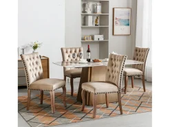 Sillas de comedor con campana decorativa, juego de 4, patas de madera maciza, terciopelo camel claro, clavos decorativos (49 x 63 x 95 cm)