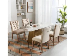 Sillas de comedor con campana decorativa, juego de 4, patas de madera maciza, terciopelo camel claro, clavos decorativos (49 x 63 x 95 cm)